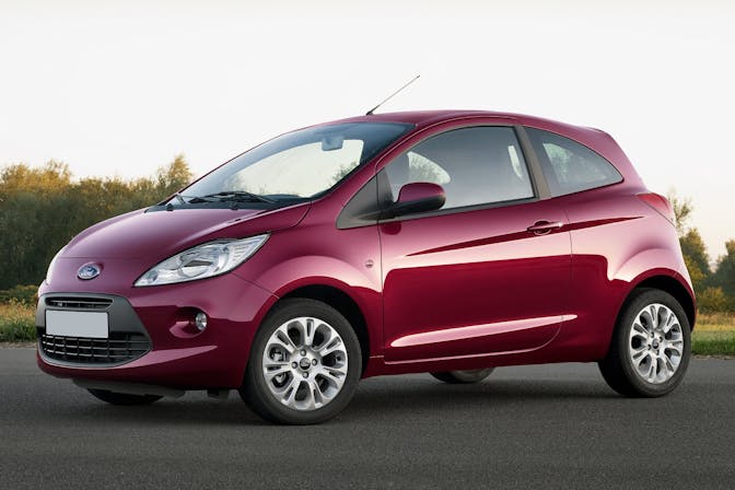 The front exterior of a red Ford Ka