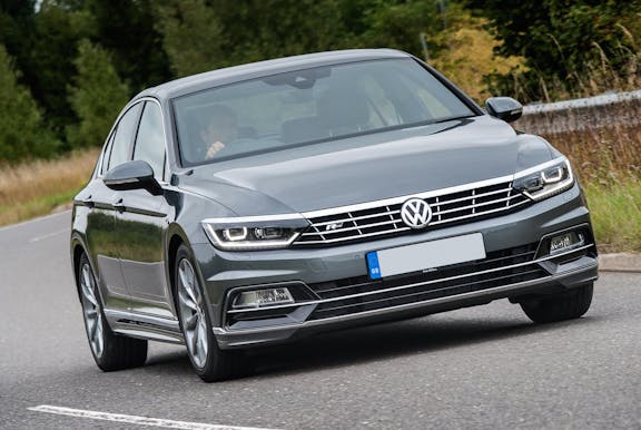 The front exterior of a silver Volkswagen Passat