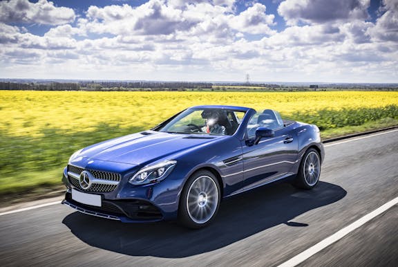 The front exterior of a blue Mercedes-Benz SLC