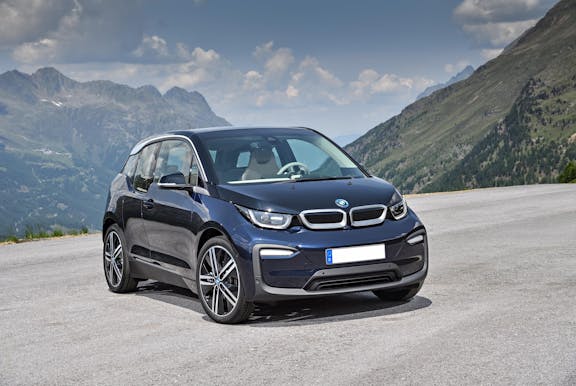 The front exterior of a blue BMW i3