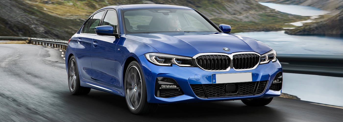 The exterior of a blue BMW 3 Series