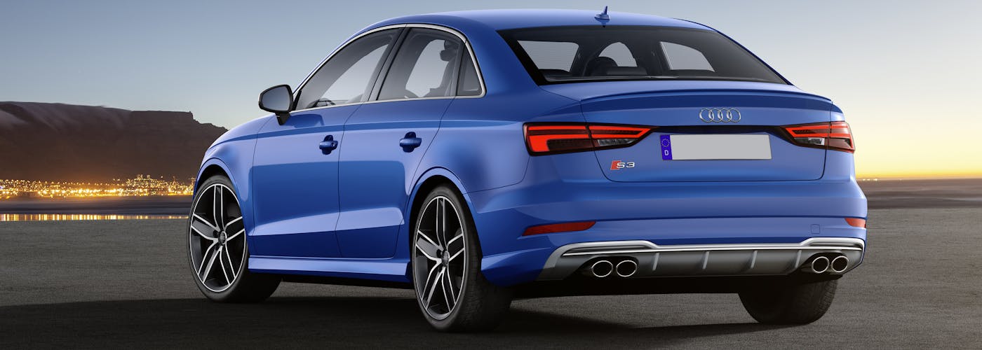 The rear exterior of a blue Audi S3