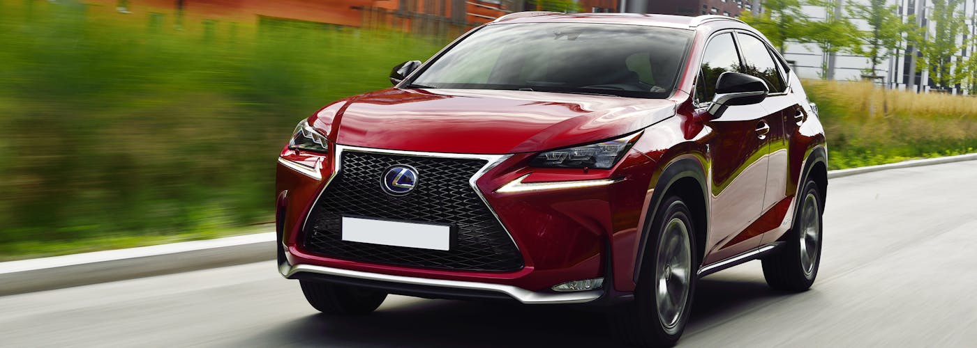 The front exterior of a red Lexus NX
