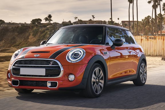 Front exterior of a red Mini Hatch