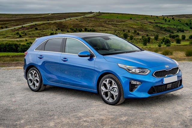The exterior of a blue Kia Ceed