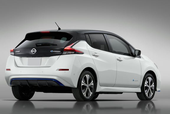 The rear exterior of a white Nissan Leaf