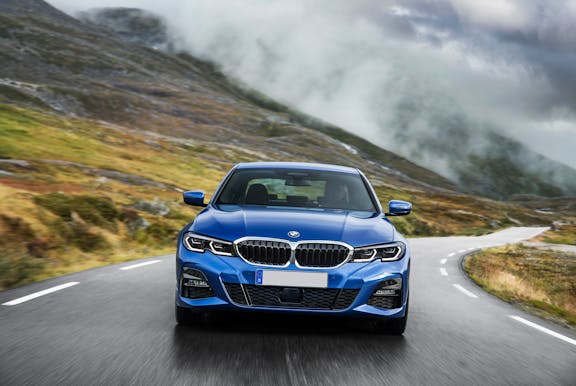 The exterior of a blue BMW 3 Series