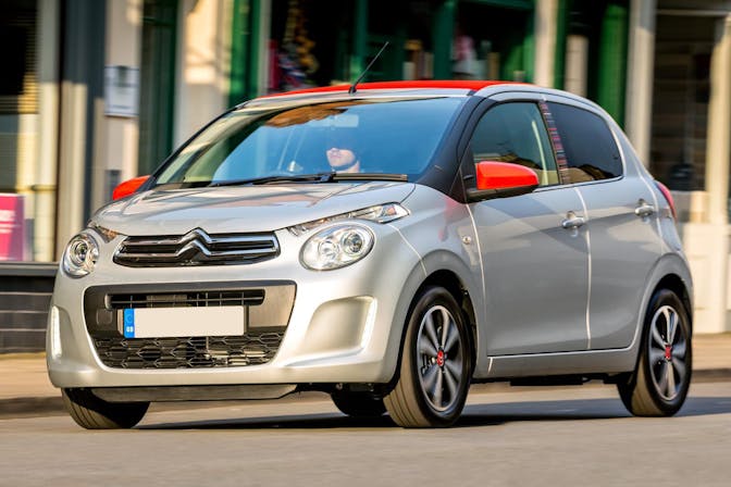 The front exterior of a silver Citroen C1
