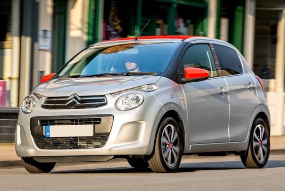 The front exterior of a silver Citroen C1