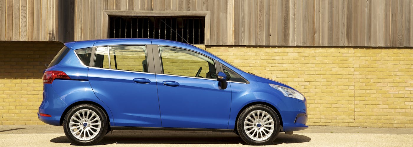The side exterior of a blue Ford B-Max