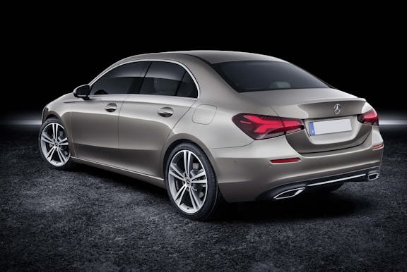 The exterior of a silver Mercedes-Benz A-Class