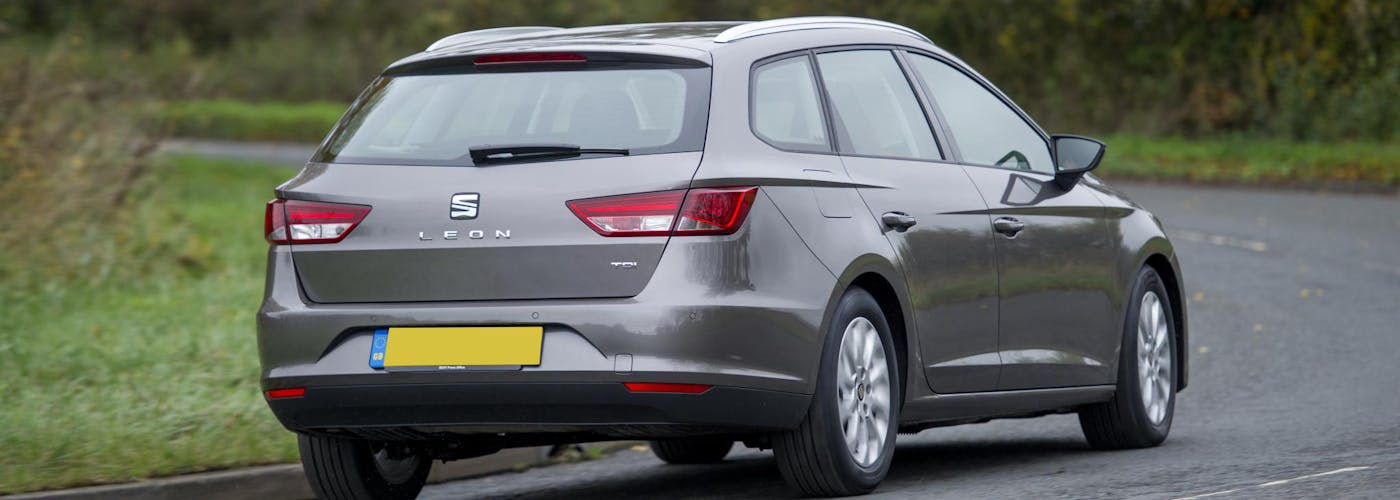 The rear exterior of a silver Seat Leon