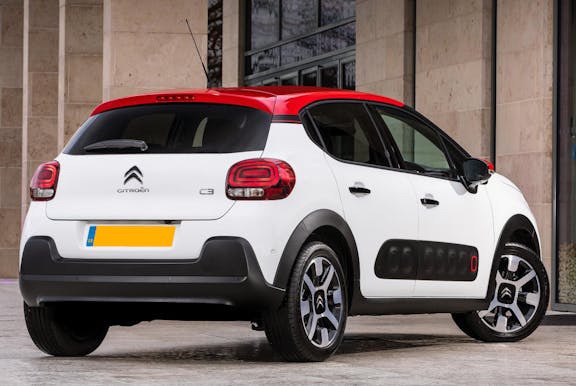 The rear exterior of a white Citroen C3