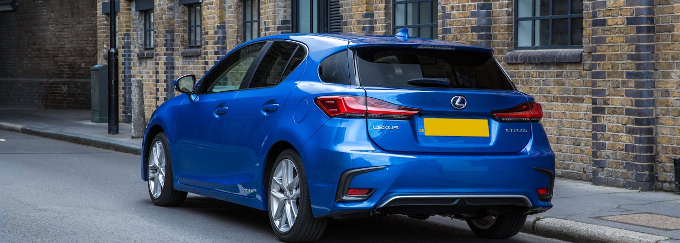 The rear exterior of a blue Lexus CT