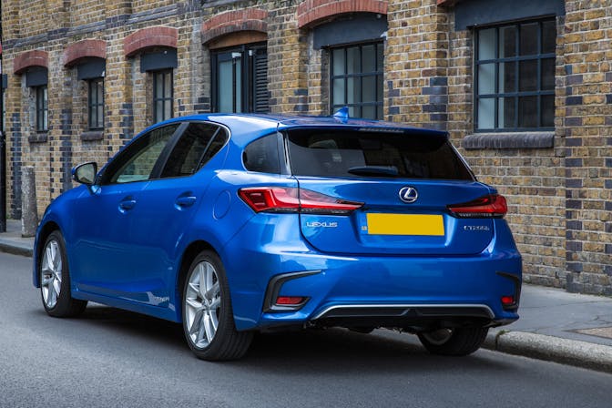 The rear exterior of a blue Lexus CT