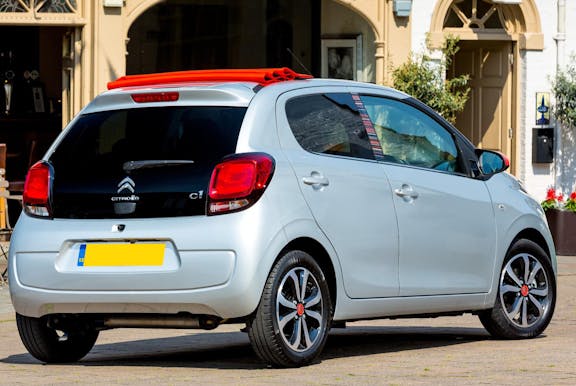 The rear exterior of a silver Citroen C1
