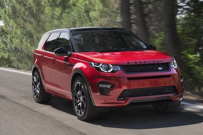 The exterior of a red Land Rover Discovery Sport