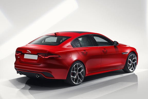The exterior of a red Jaguar XE