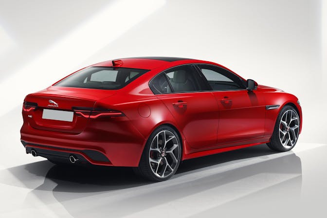 The exterior of a red Jaguar XE
