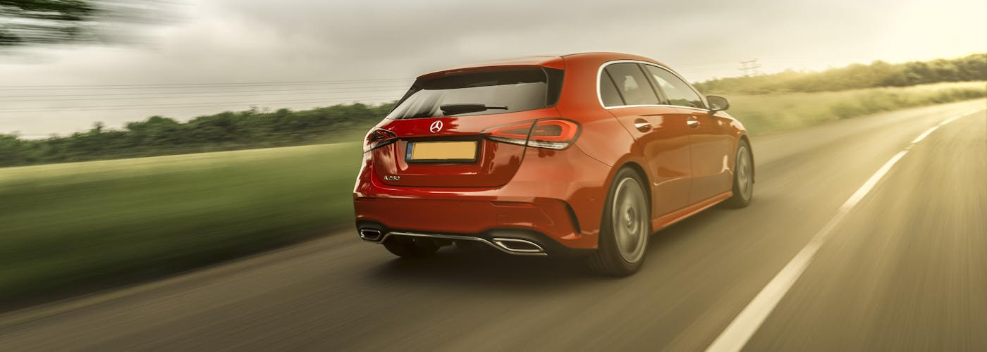 The exterior of a red Mercedes-Benz A-Class
