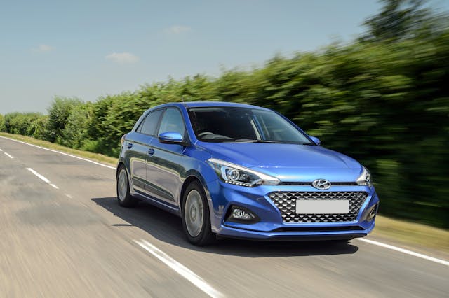 The exterior of a blue Hyundai i20