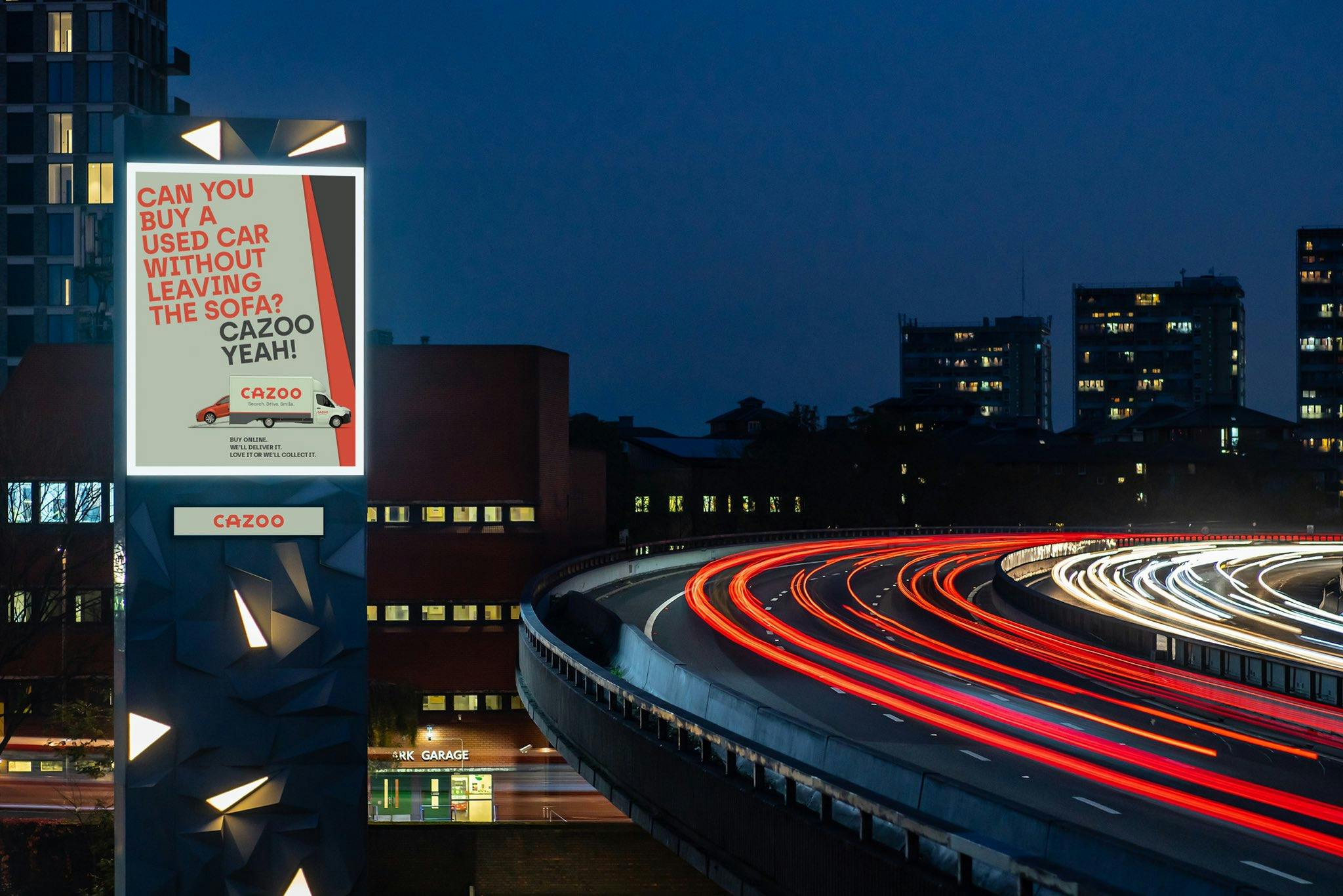 Out of home advert - Can you buy a used car without leaving the sofa? Cazoo yeah!