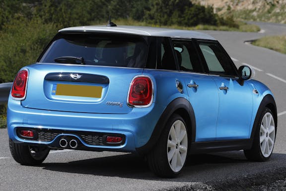 The rear exterior of a blue Mini Hatch