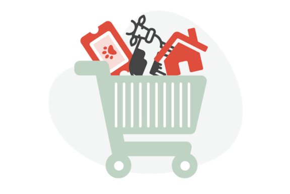 Shopping cart with a cow, house and ticket