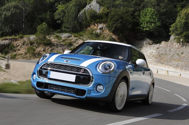 The exterior of a blue Mini Hatchback