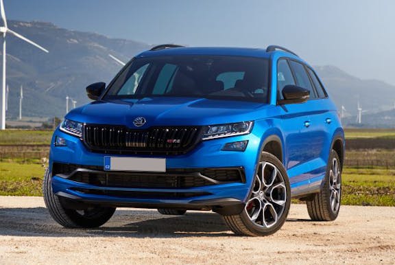 The front exterior of a blue Skoda Kodiaq