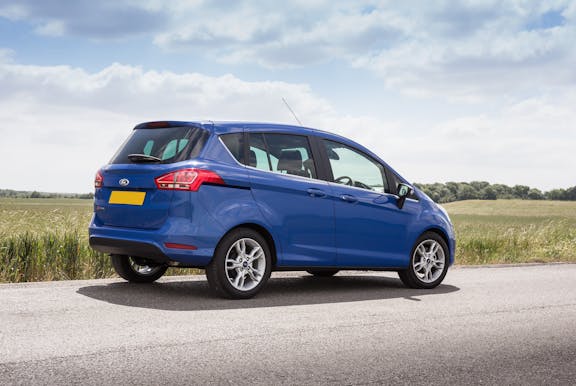 The rear exterior of a blue Ford B-Max