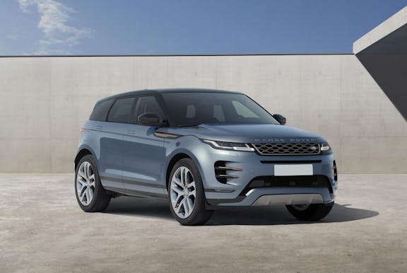 The front exterior of a blue Land Rover Range Rover Evoque