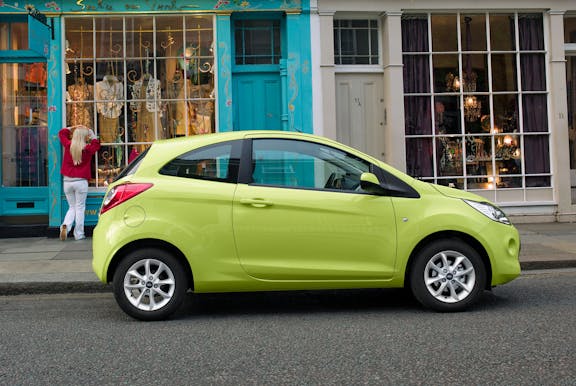 The side exterior of a green Ford Ka