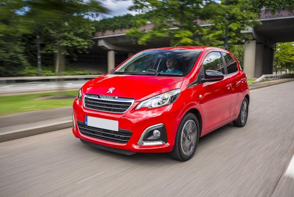 The exterior of a red Peugeot 108