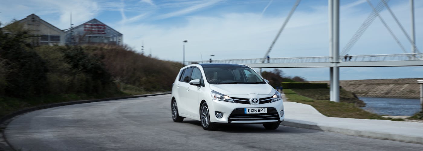 The front exterior of a white Toyota Verso