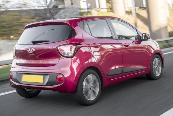 The exterior of a red Hyundai i10