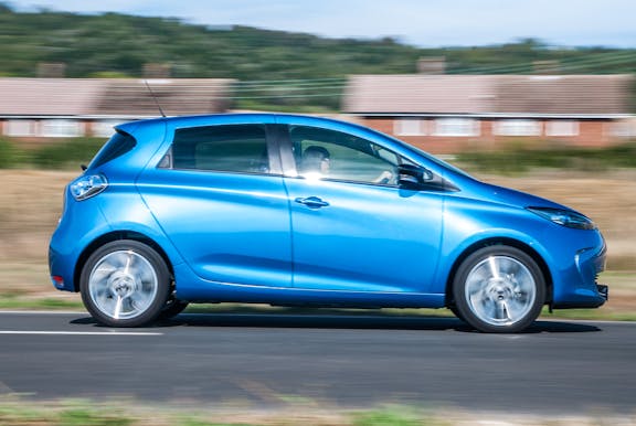 The side exterior of a blue Renault Zoe