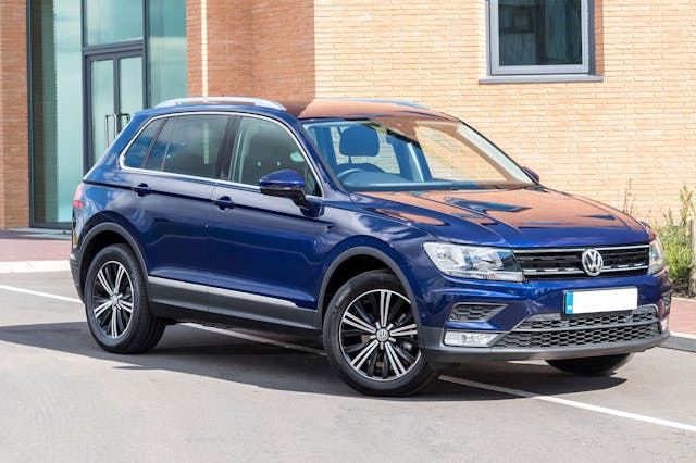 The exterior of a blue Volkswagen Tiguan
