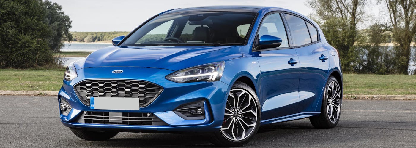 The exterior of a blue Ford Focus