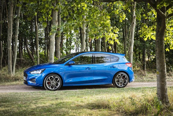 The exterior of a blue Ford Focus
