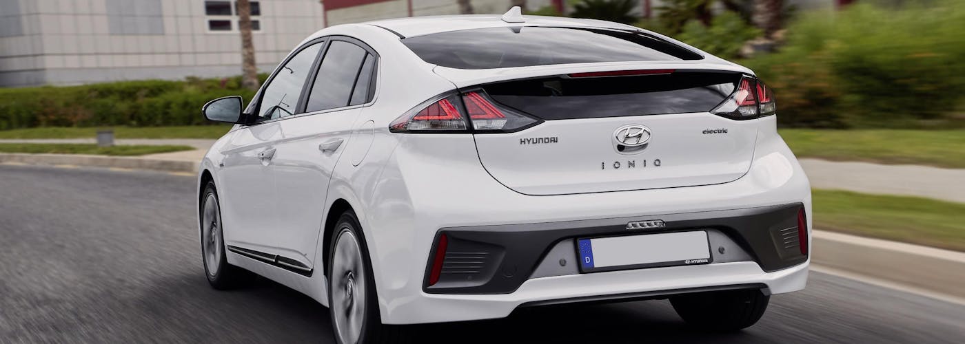 The exterior of a white Hyundai Ioniq