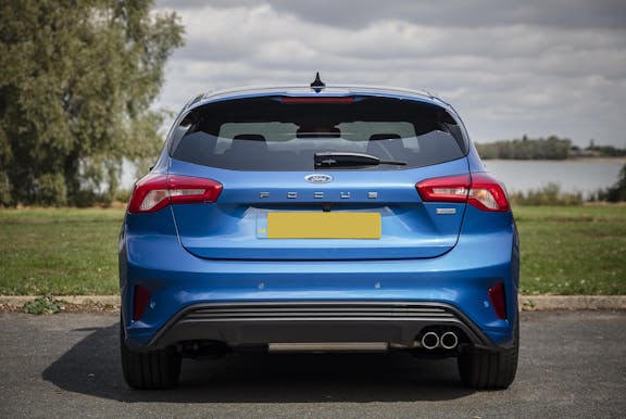 The exterior of a blue Ford Focus