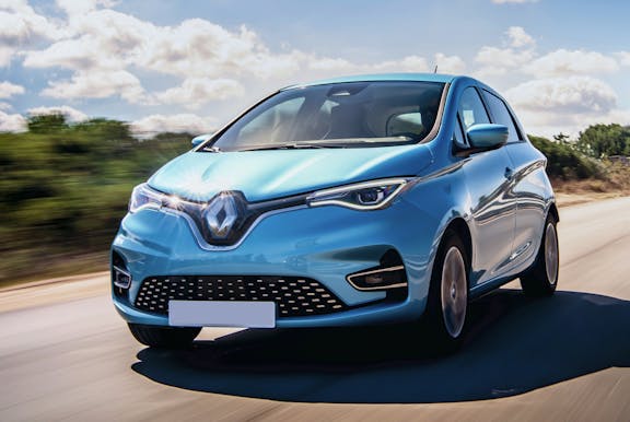 The front exterior of a blue Renault Zoe
