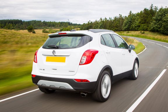 The rear exterior of a white Vauxhall Mokka X