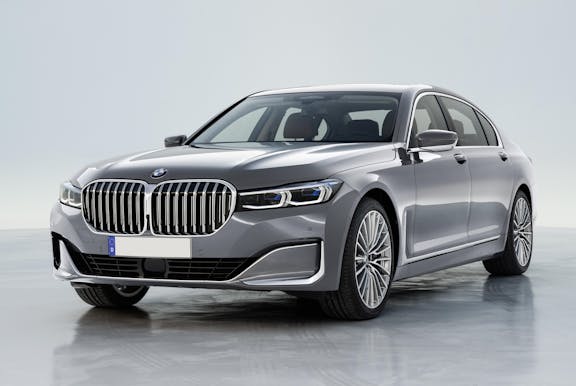 The front exterior of a silver BMW 7 Series