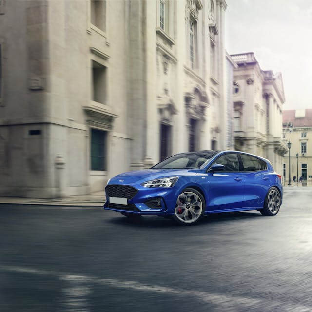 The side exterior of a blue Ford Fiesta