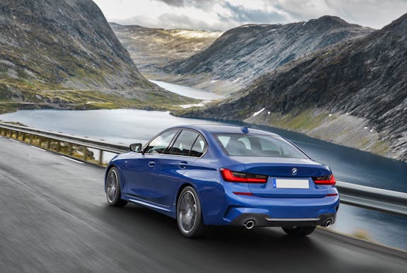 The exterior of a blue BMW 3 Series