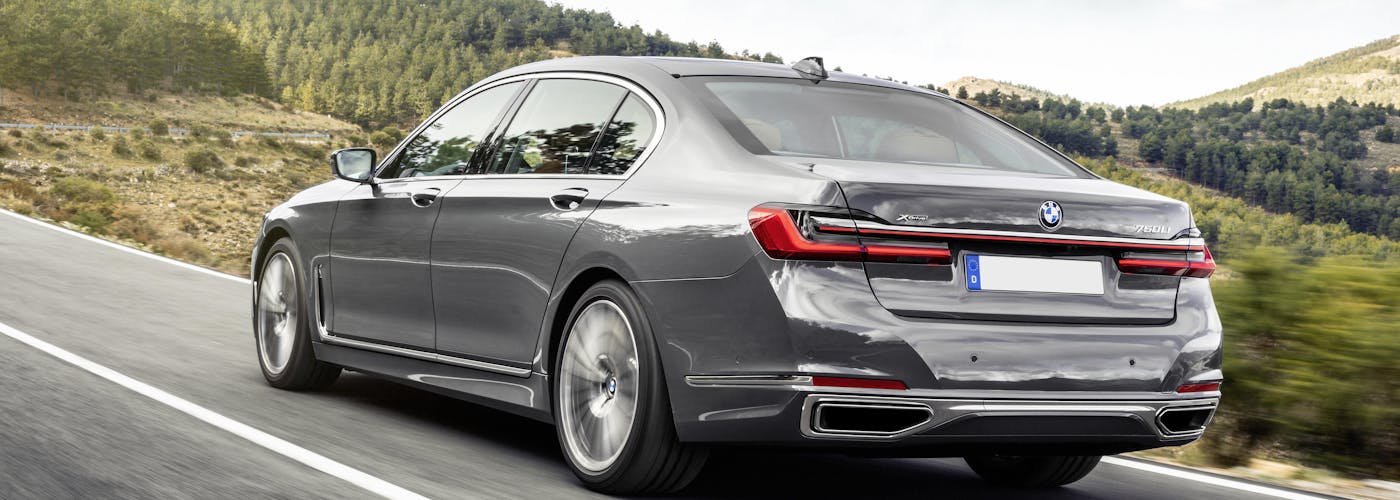 The rear exterior of a silver BMW 7 Series