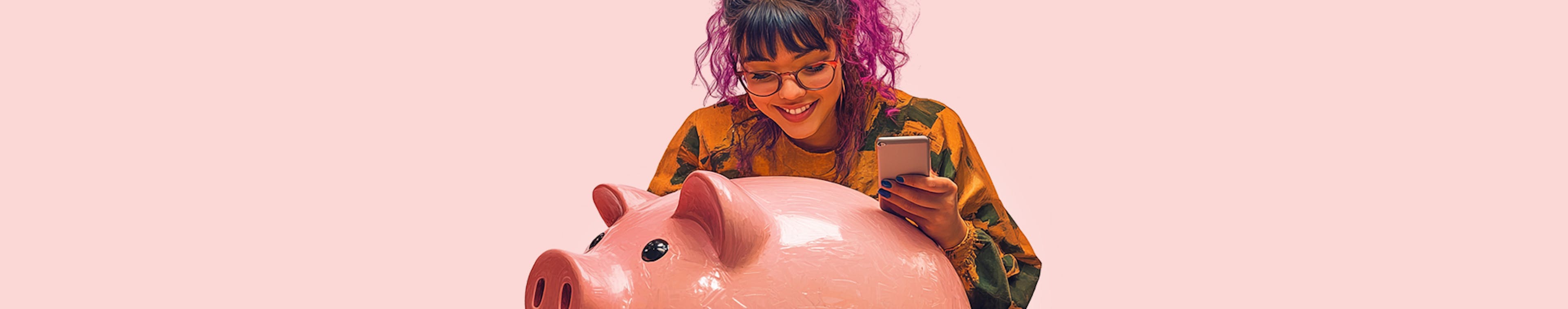 Young woman with phone scrolling piggy bank