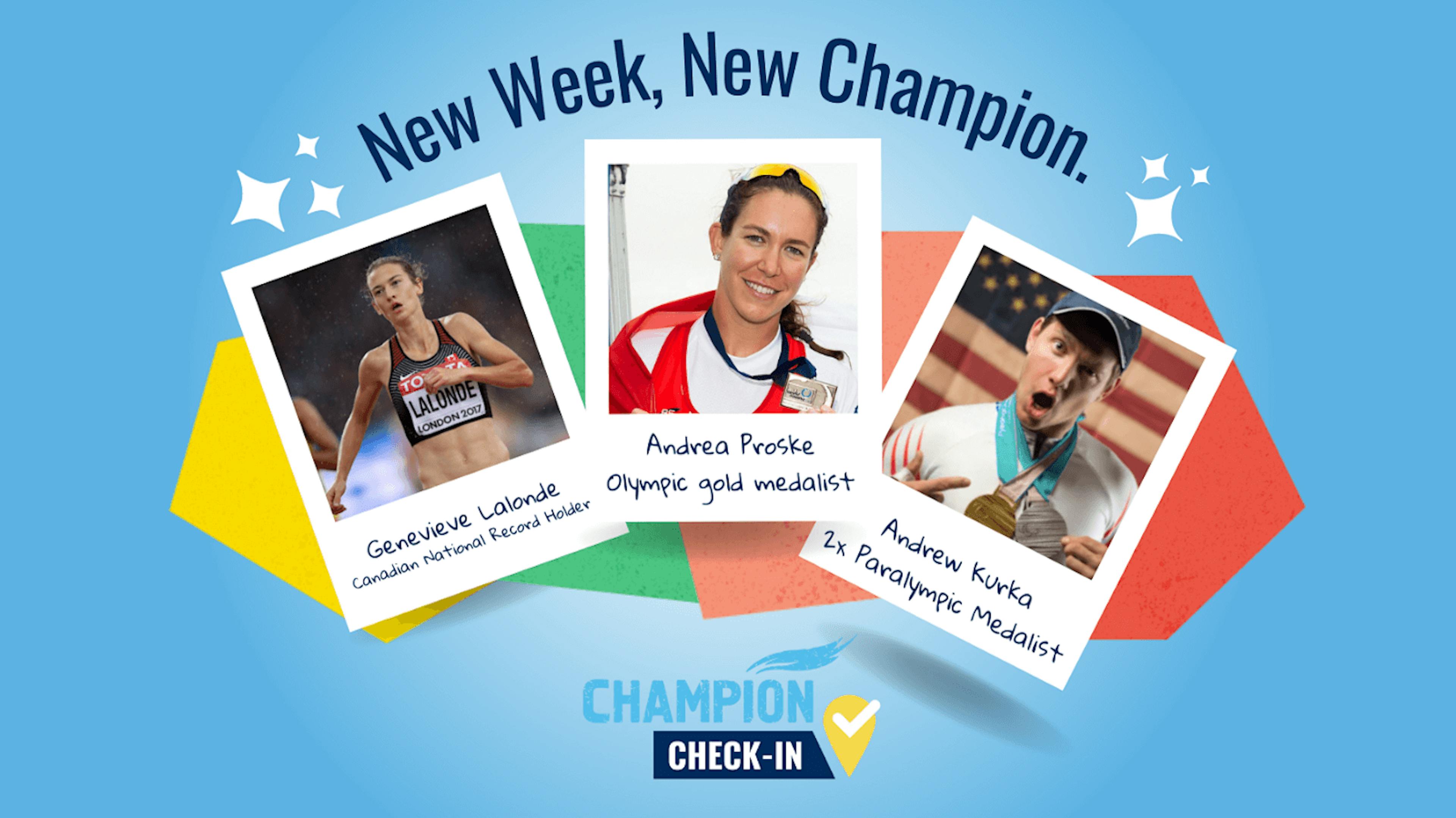 Three athlete photos, with the text 'New Week, New Champion'